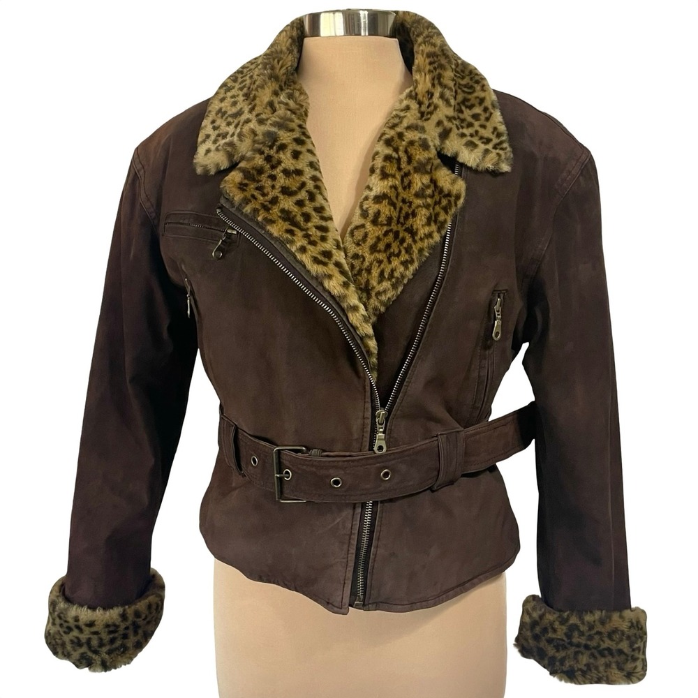 Vintage Wilsons Brown Real Suede Moto Jacket Leopard Fur Lining Sz M Y2K Belted